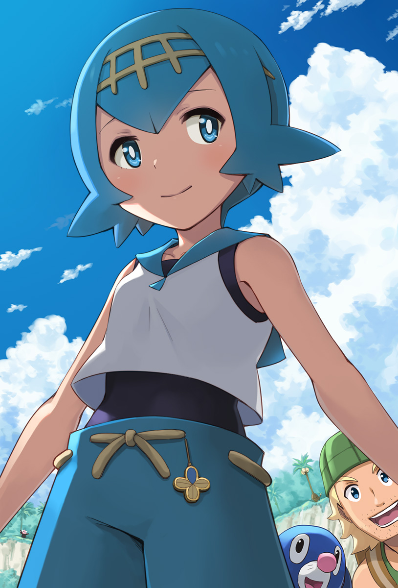 lana, popplio, alolan exeggutor, bewear, and hiker (pokemon and 1 more) drawn by hashi