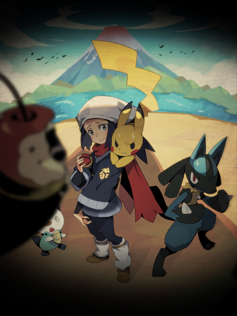 pikachu, akari, lucario, and oshawott (pokemon and 1 more) drawn by kabigon