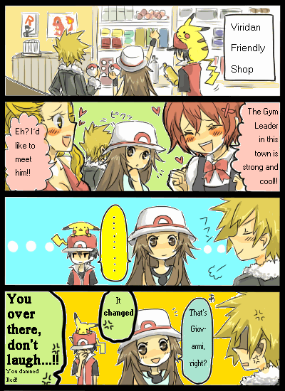 pikachu, red, blue oak, charmander, and green (pokemon) drawn by tora_kaede