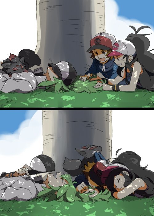 hilda, hilbert, n, and zorua (pokemon and 1 more) drawn by sugi_(sumisugi)