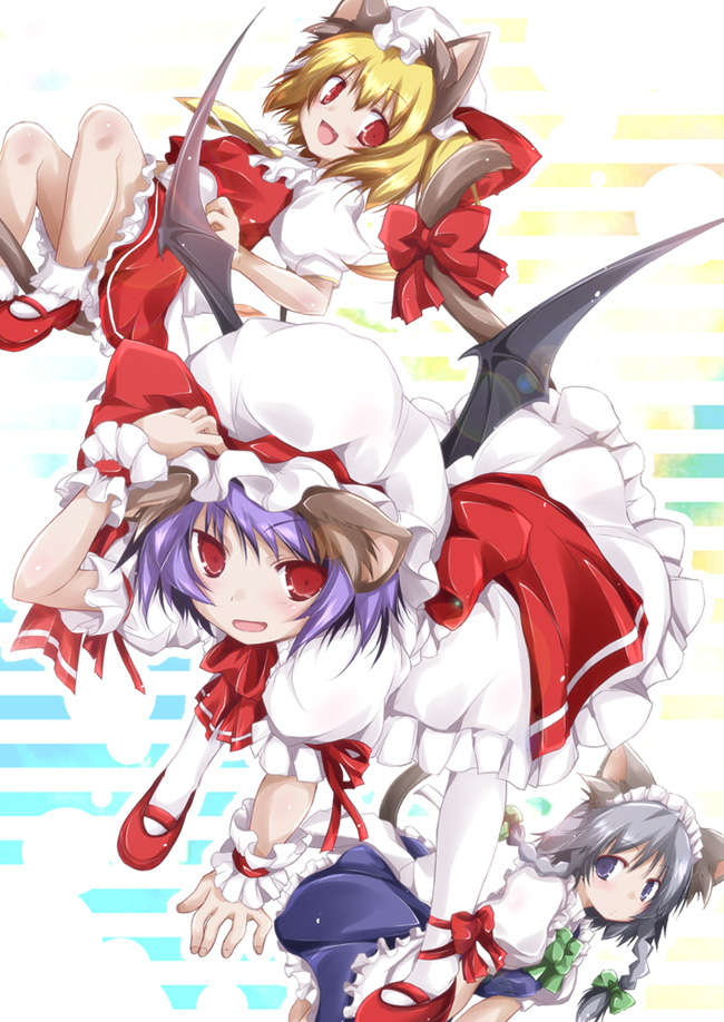 remilia scarlet, flandre scarlet, and izayoi sakuya (touhou) drawn by yumesato_makura