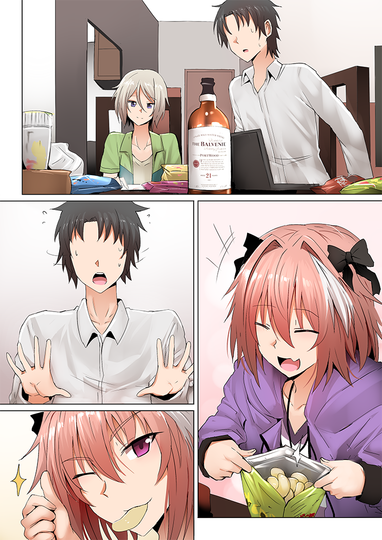 fujimaru ritsuka, astolfo, and prince of lan ling (fate and 2 more) drawn by ginhaha