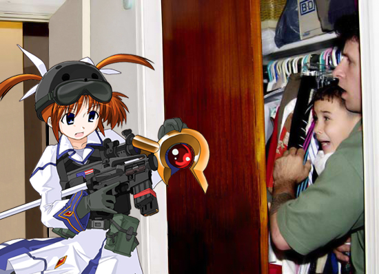 takamachi nanoha, raising heart, and elian gonzalez (lyrical nanoha and 2 more) drawn by alan_diaz and excel_(gewalt)