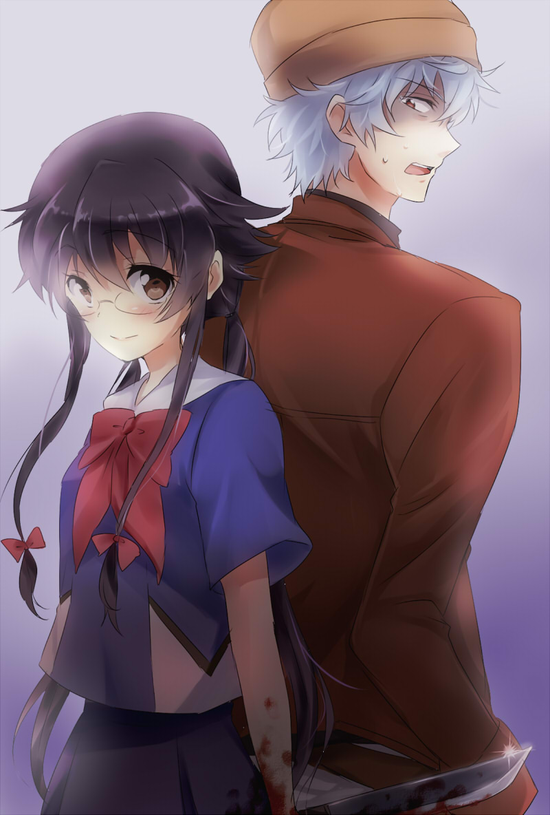 sakata gintoki, gasai yuno, shimura shinpachi, and amano yukiteru (gintama and 1 more) drawn by maruki_(punchiki)