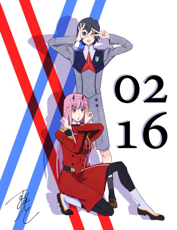 zero two and hiro (darling in the franxx) drawn by sakuragouti
