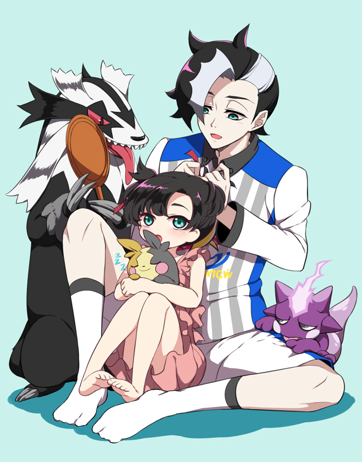 marnie, morpeko, piers, toxel, and galarian linoone (pokemon and 1 more) drawn by kurobe_sclock