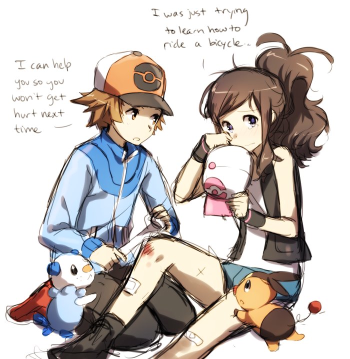 hilda, hilbert, oshawott, and tepig (pokemon and 1 more) drawn by weee_(raemz)