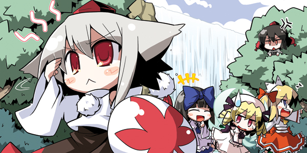 shameimaru aya, inubashiri momiji, star sapphire, luna child, and sunny milk (touhou) drawn by akaneya