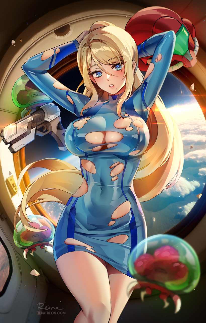 samus aran, metroid, and metroid larva (metroid) drawn by foxyreine