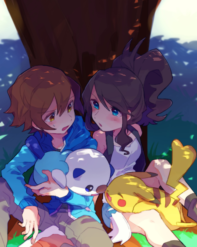 pikachu, hilda, hilbert, and oshawott (pokemon and 1 more) drawn by toume