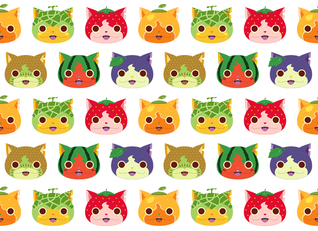 mikannyan, ichigonyan, suikanyan, budounyan, kiwinyan, and 1 more (youkai watch and 1 more) drawn by kika_(apple_sm2)
