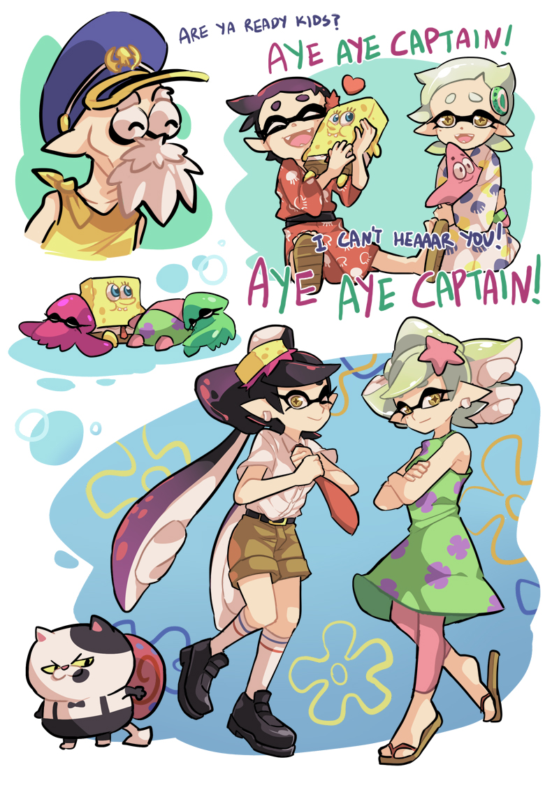 callie, marie, spongebob squarepants, judd, cap'n cuttlefish, and 2 more (splatoon and 1 more) drawn by gomipomi
