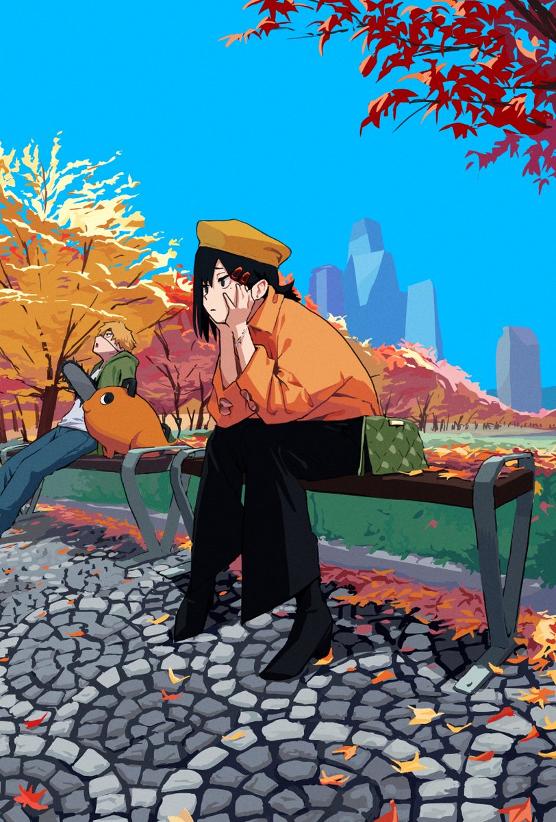 denji, higashiyama kobeni, and pochita (chainsaw man) drawn by some1else45