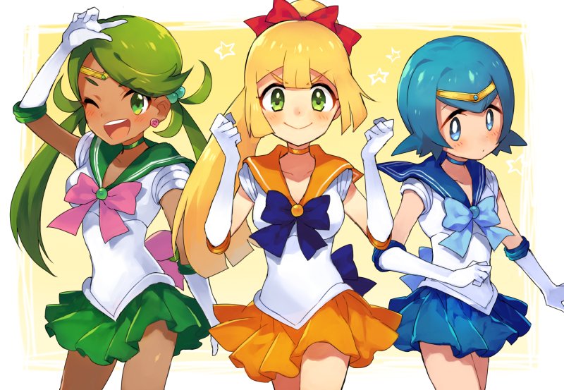 lillie, lana, mallow, sailor mercury, sailor venus, and 1 more (pokemon and 2 more) drawn by syoooyu15
