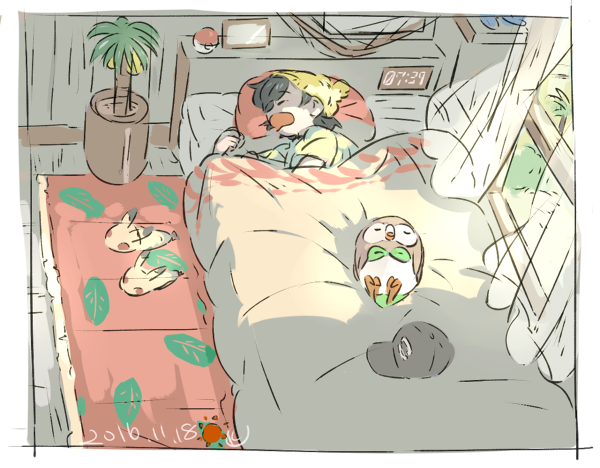 rowlet and elio (pokemon and 1 more) drawn by sushiumai