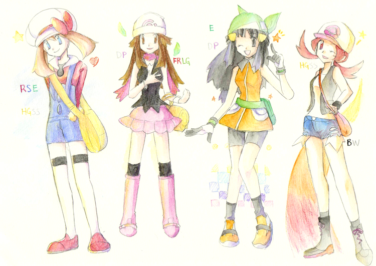 dawn, may, hilda, leaf, and lyra (pokemon and 6 more) drawn by kurara_ark
