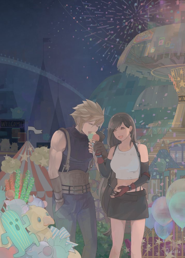 tifa lockhart, cloud strife, moogle, and sabotender (final fantasy and 1 more) drawn by shillo