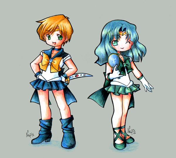ten'ou haruka, kaiou michiru, sailor uranus, and sailor neptune (bishoujo senshi sailor moon) drawn by nefis