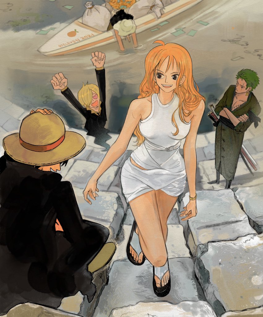 nami, monkey d. luffy, roronoa zoro, sanji, and usopp (one piece) drawn by feleven