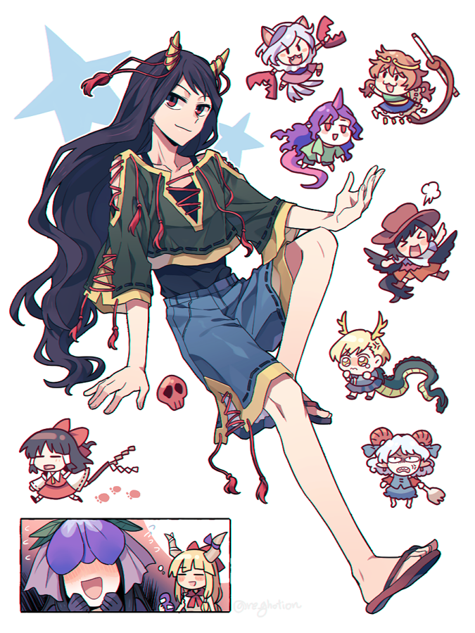 hakurei reimu, ibuki suika, kicchou yachie, kurokoma saki, toutetsu yuuma, and 5 more (touhou and 1 more) drawn by re_ghotion