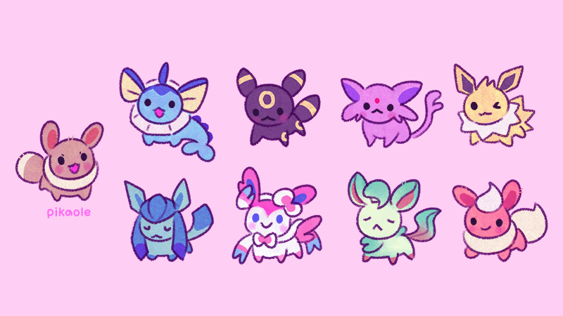 eevee, sylveon, umbreon, glaceon, vaporeon, and 4 more (pokemon) drawn by pikaole