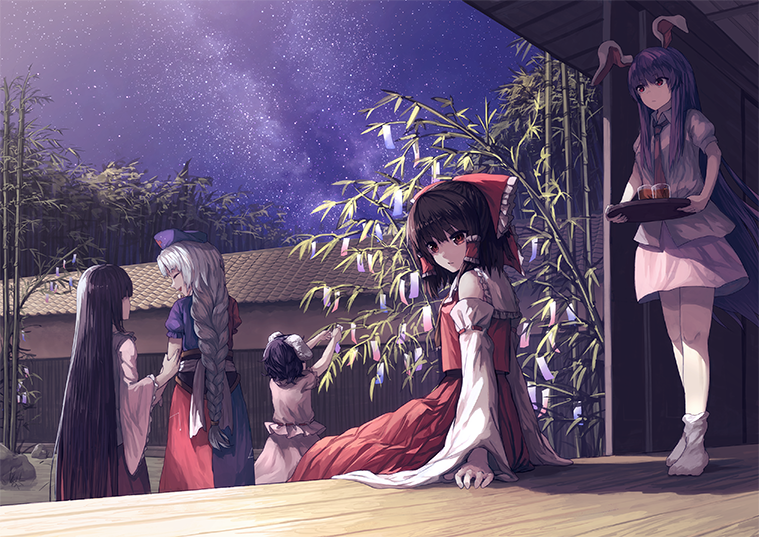 hakurei reimu, reisen udongein inaba, houraisan kaguya, inaba tewi, and yagokoro eirin (touhou) drawn by berabou