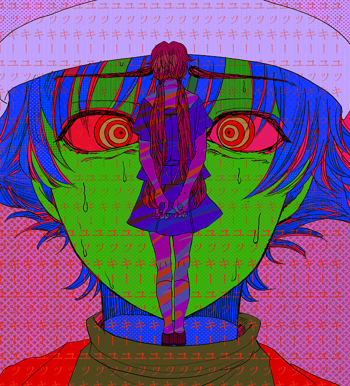 gasai yuno and amano yukiteru (mirai nikki) drawn by higure_machiko