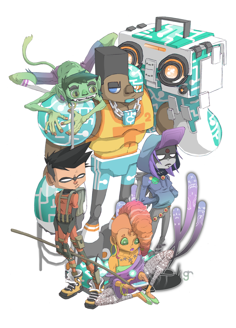 raven, starfire, robin, dick grayson, beast boy, and 1 more (dc comics and 1 more) drawn by greigrapson