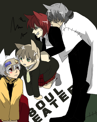 maka albarn, soul evans, franken stein, and spirit albarn (soul eater)