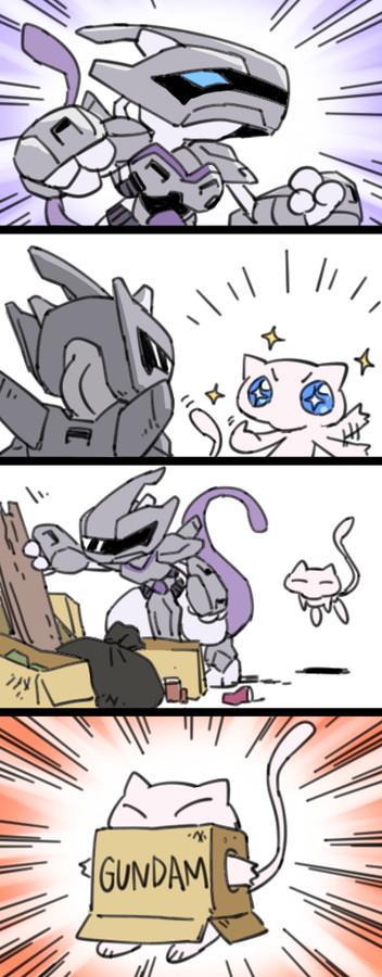 mew, mewtwo, and cardboard box gundam (pokemon and 1 more) drawn by fuifui