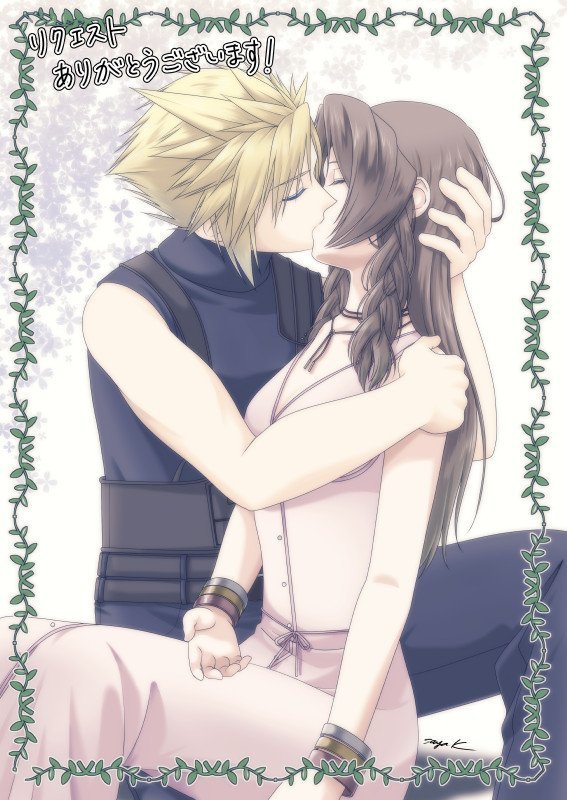 cloud strife and aerith gainsborough (final fantasy and 3 more) drawn by kirishima_saya