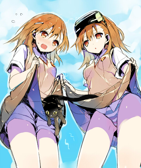 misaka mikoto, misaka imouto, and misaka imouto 10032's cat (toaru majutsu no index and 1 more) drawn by tsunekawa_niwasuke