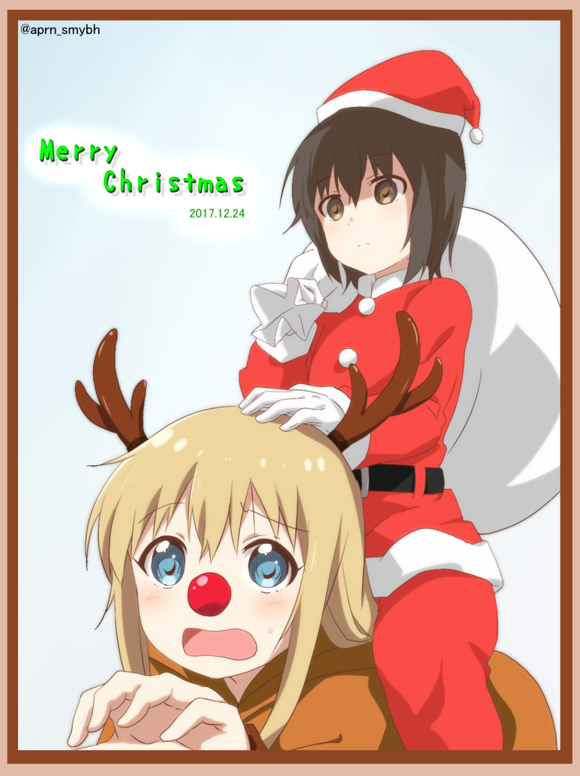 toshinou kyouko, funami yui, and rudolph the red nosed reindeer (yuruyuri) drawn by ren_kon