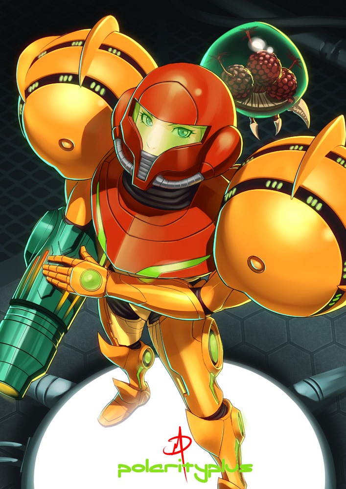 samus aran, metroid, and metroid larva (metroid) drawn by polarityplus