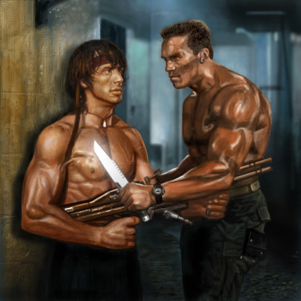 arnold schwarzenegger, bill rizer, sylvester stallone, and lance bean (commando and 2 more) drawn by toshi_(hokkaido2015)