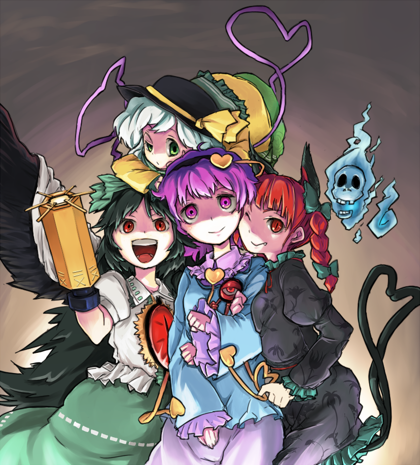 komeiji koishi, komeiji satori, kaenbyou rin, and reiuji utsuho (touhou) drawn by nanatsuki and pinfu