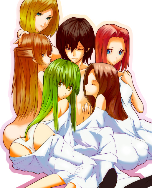 c.c., lelouch vi britannia, kouzuki kallen, nunnally vi britannia, shirley fenette, and 1 more (code geass)