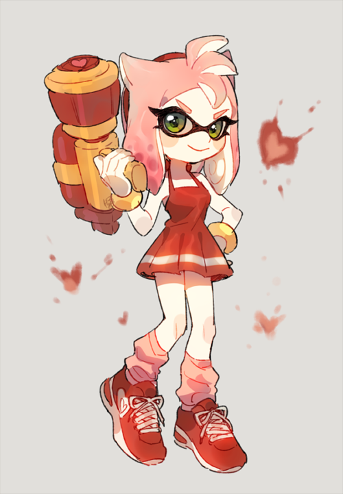 inkling player character and amy rose (splatoon and 1 more) drawn by hanybe