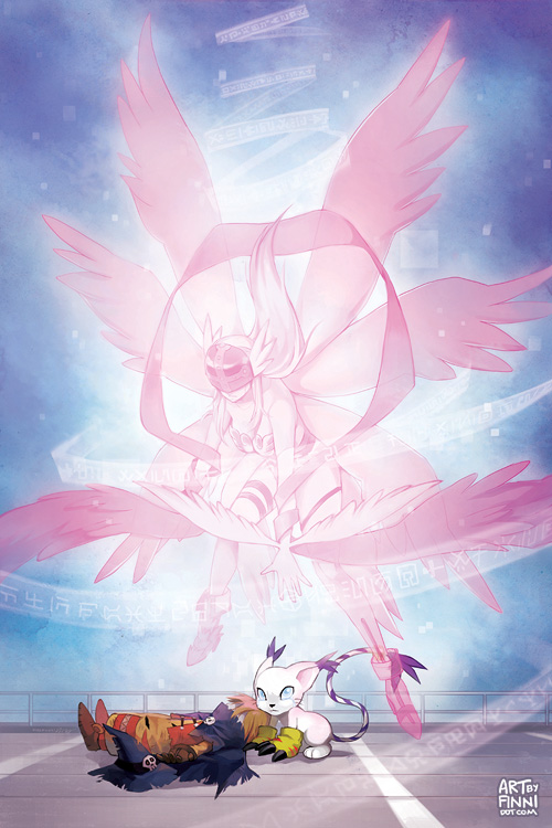 angewomon, tailmon, and wizarmon (digimon) drawn by finni_chang