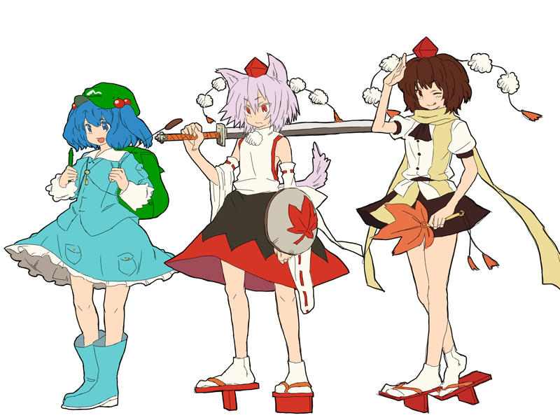 shameimaru aya, inubashiri momiji, and kawashiro nitori (touhou) drawn by matsutani