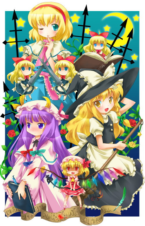 kirisame marisa, flandre scarlet, alice margatroid, patchouli knowledge, shanghai doll, and 1 more (touhou) drawn by michii_yuuki