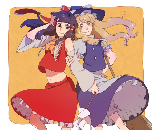 hakurei reimu and kirisame marisa (touhou) drawn by esukee