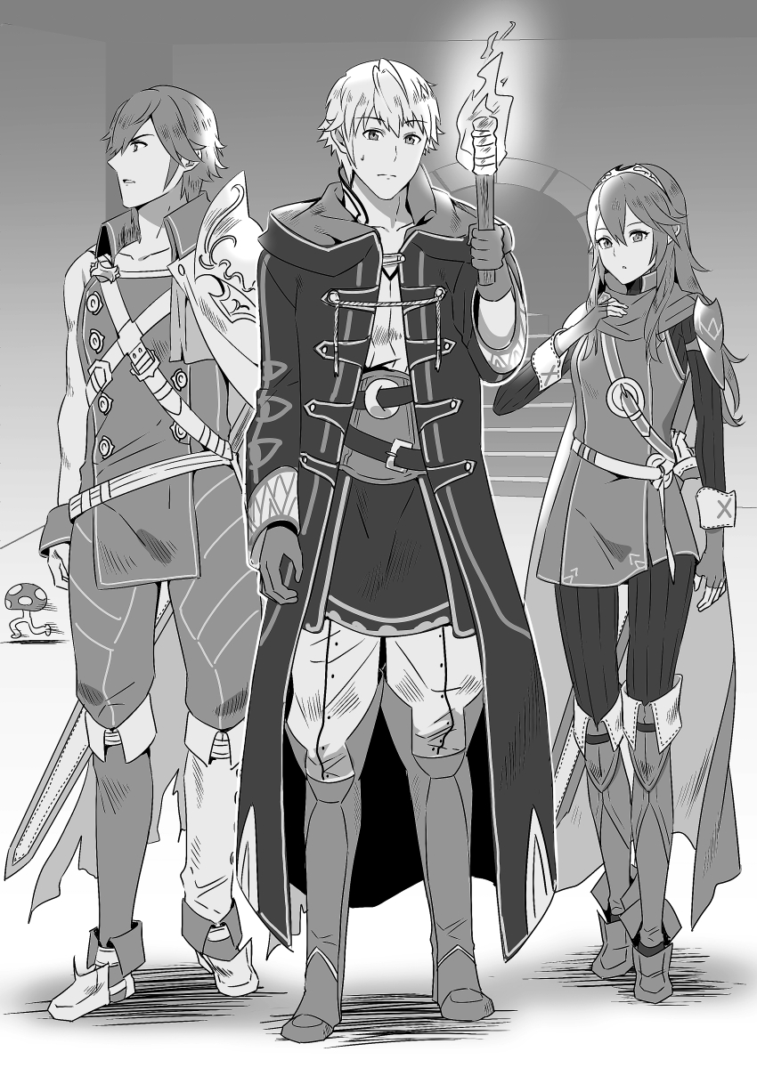 lucina, male robin, chrom, and ramblin' evil mushroom (fire emblem and 3 more) drawn by ameno_(a_meno0)