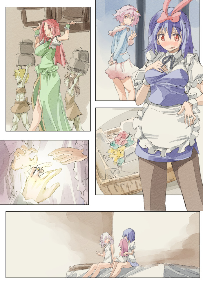 izayoi sakuya, komeiji satori, hong meiling, nagae iku, and hobgoblin (touhou) drawn by yohane