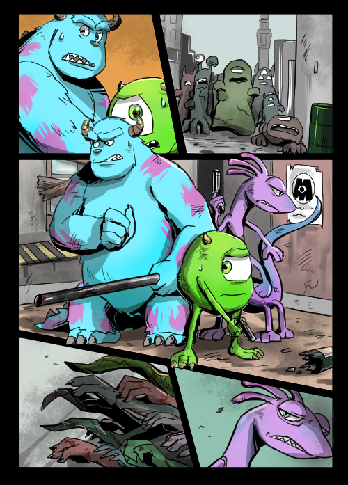 mike wazowski, randall boggs, and james p. sullivan (monsters inc.) drawn by nagatobi