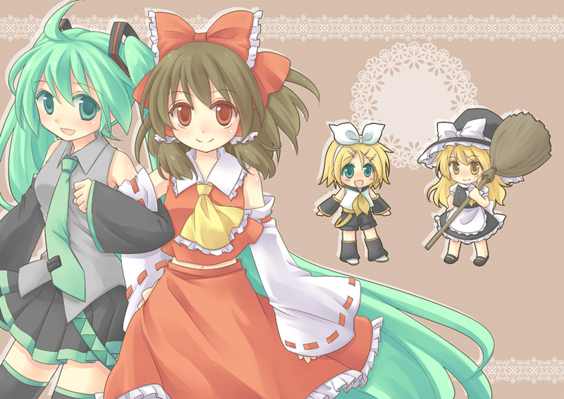 hatsune miku, hakurei reimu, kirisame marisa, and kagamine rin (touhou and 1 more) drawn by moriya_ako
