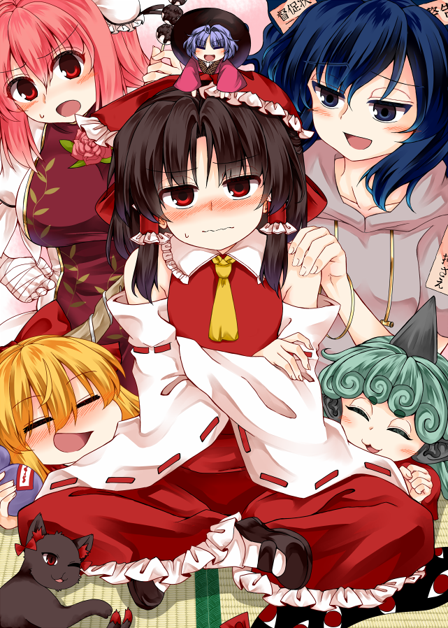 hakurei reimu, kaenbyou rin, ibuki suika, ibaraki kasen, sukuna shinmyoumaru, and 2 more (touhou) drawn by zetsumame