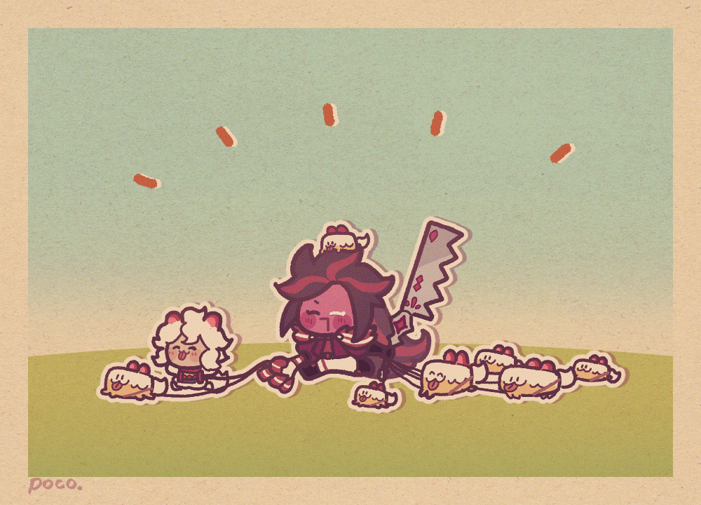cake hound, red velvet cookie, cream cake hound, and strawberry shortcake cookie (cookie run and 2 more) drawn by ishrkut