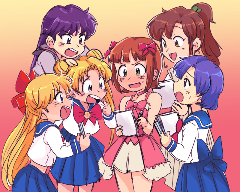 tsukino usagi, amami haruka, mizuno ami, aino minako, hino rei, and 1 more (idolmaster and 2 more) drawn by tsubobot