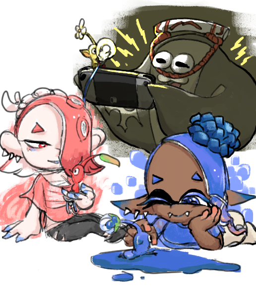shiver, frye, red pikmin, yellow pikmin, blue pikmin, and 1 more (splatoon and 1 more) drawn by usuba_(hatomugip)